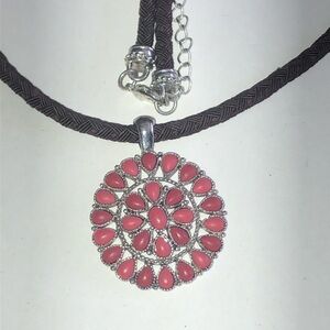 Chaps Ralph Lauren Silver Tone and Pink/Red Boho Pendant Necklace